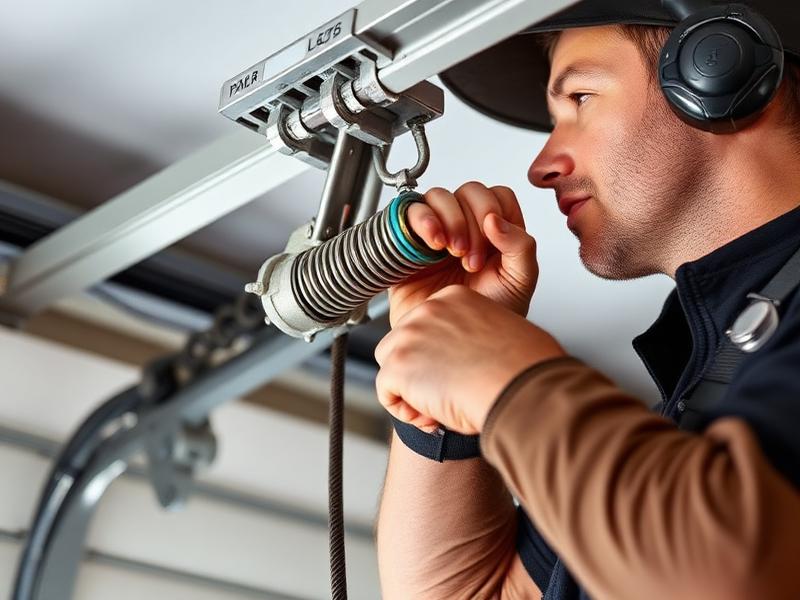 Professional technician performing garage door cable repair with proper safety equipment