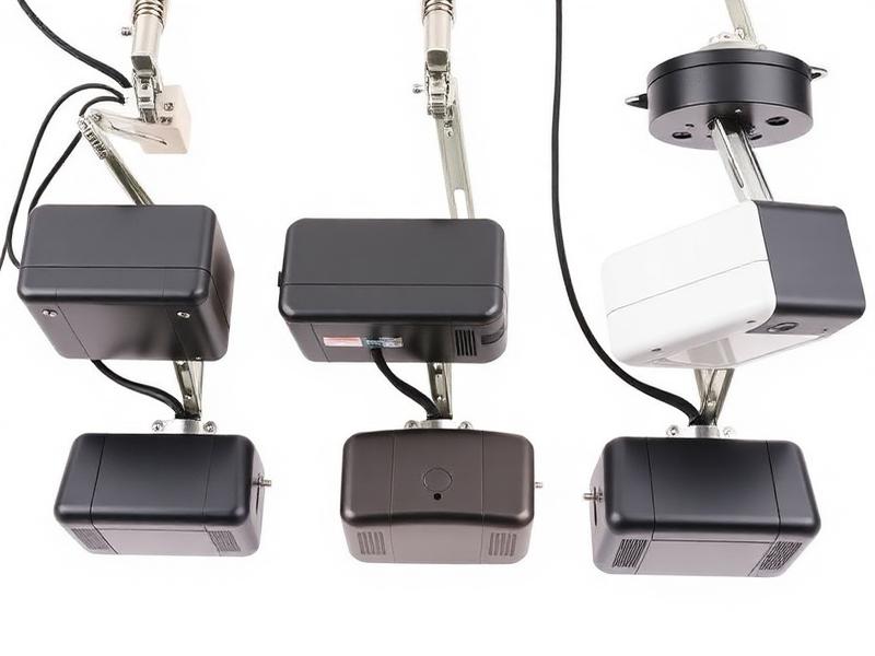 Three different garage door opener types displayed for comparison - chain belt and screw drive