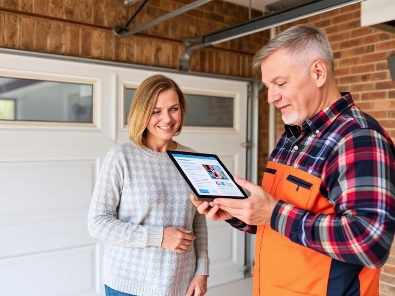 Homeowner and technician reviewing garage door installation options on tablet