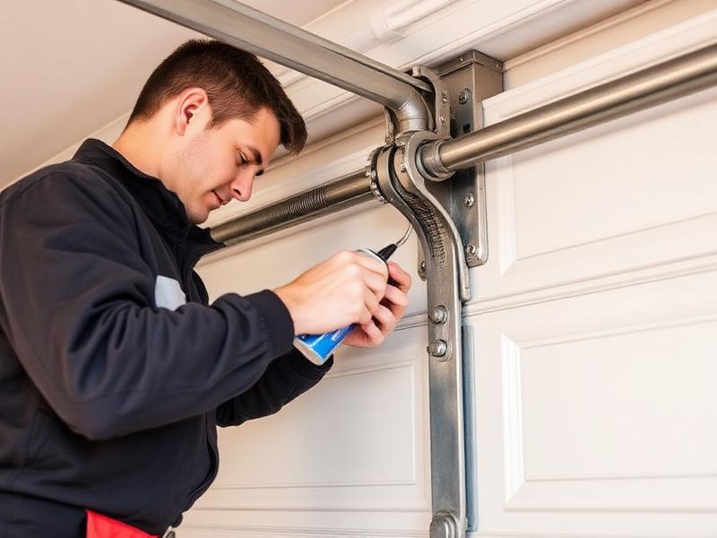Technician performing spring maintenance on garage door with lubrication spray