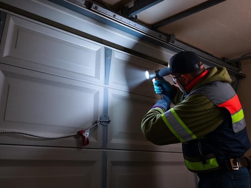Emergency garage door repair service technician working at night