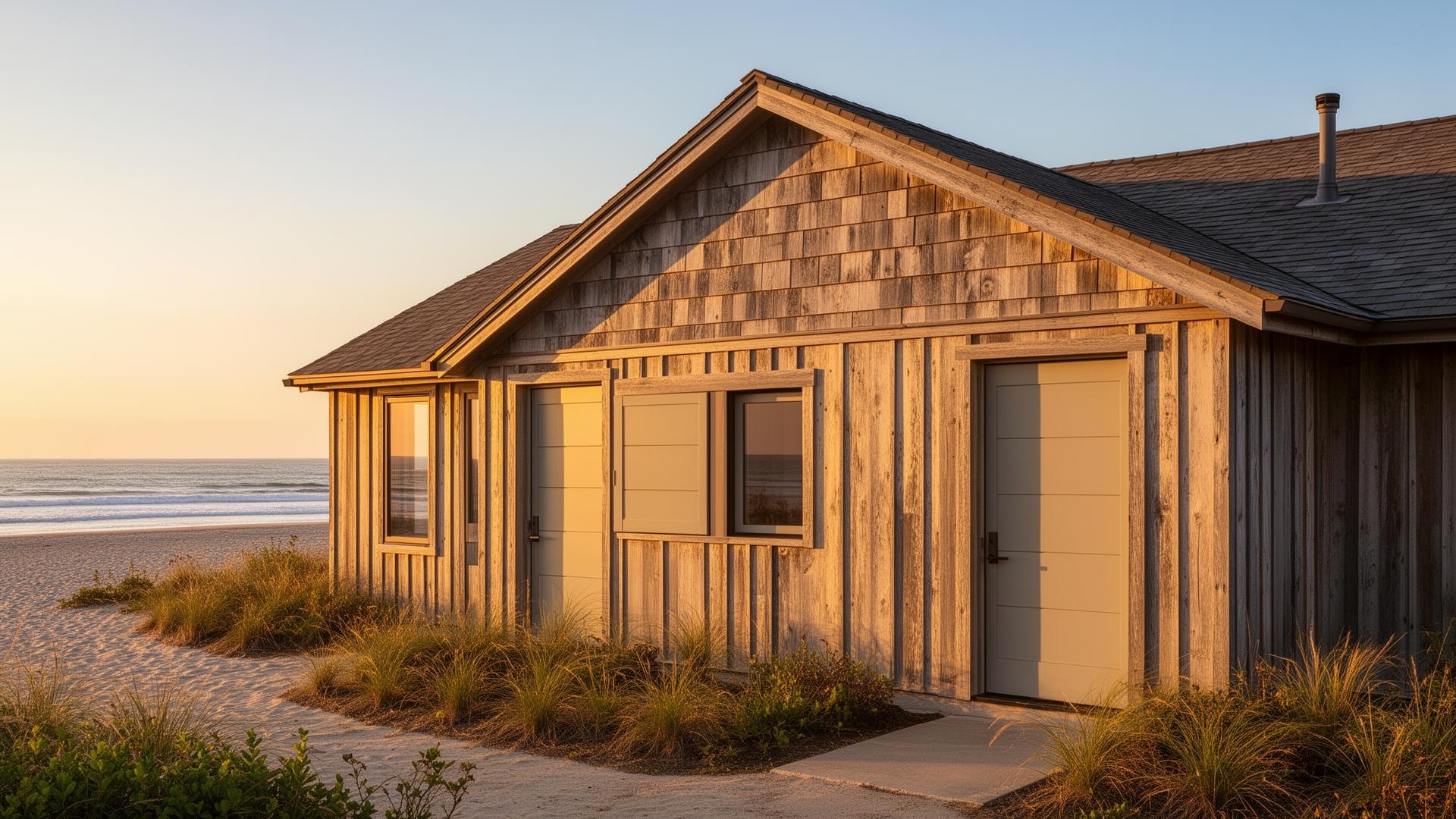 Beautiful ranch style horizontal panel garage door on coastal beach house - professional installation by Waterville Garage Doors