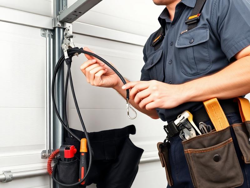 Expert technician repairing garage door cable and spring system